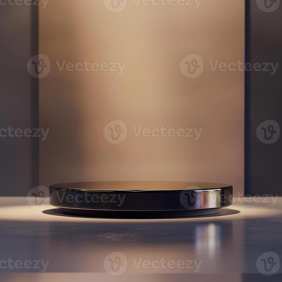 A black round table on a table in front of a wall photo