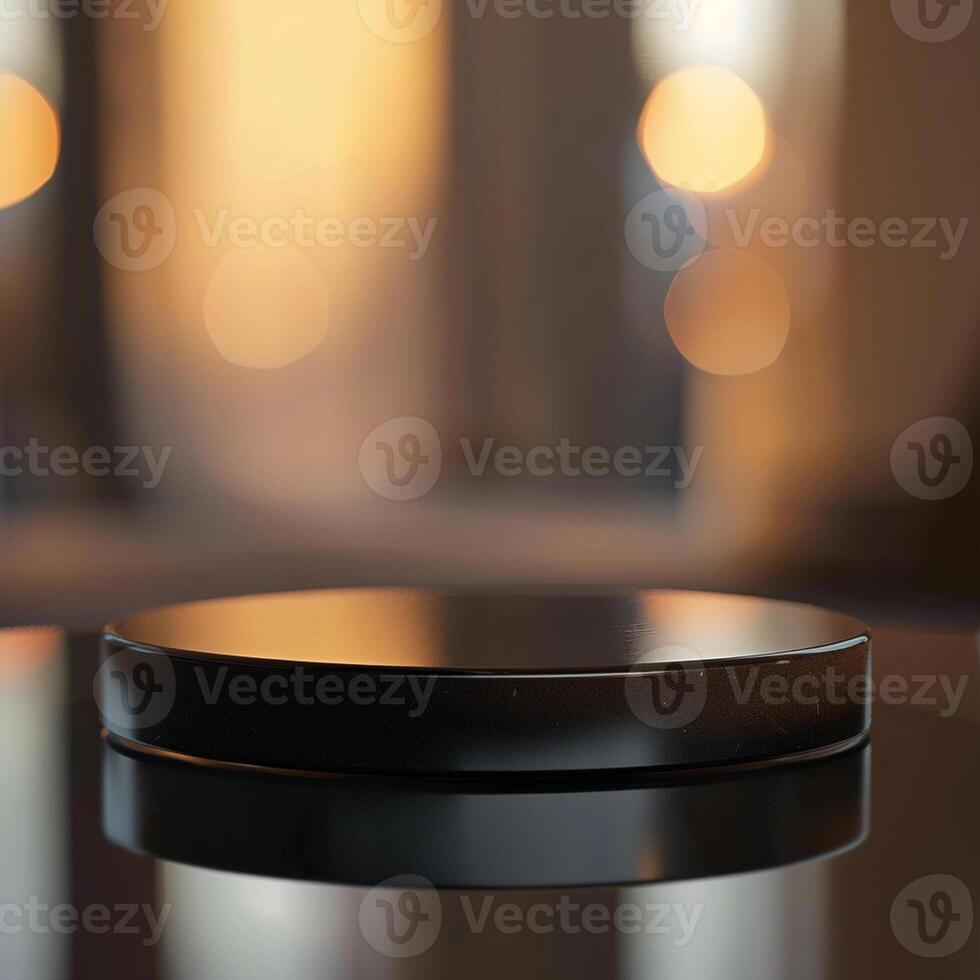 A black object sitting on a table in front of a window photo