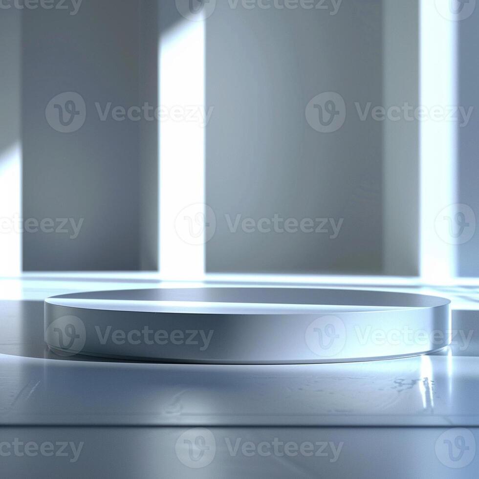 A white circular table in a room with light coming from the windows photo