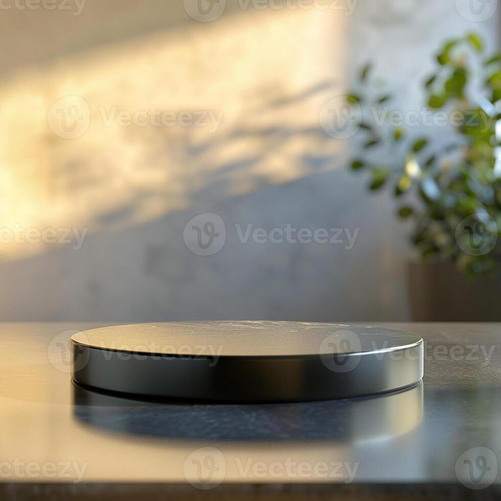 A black circular object on a table photo