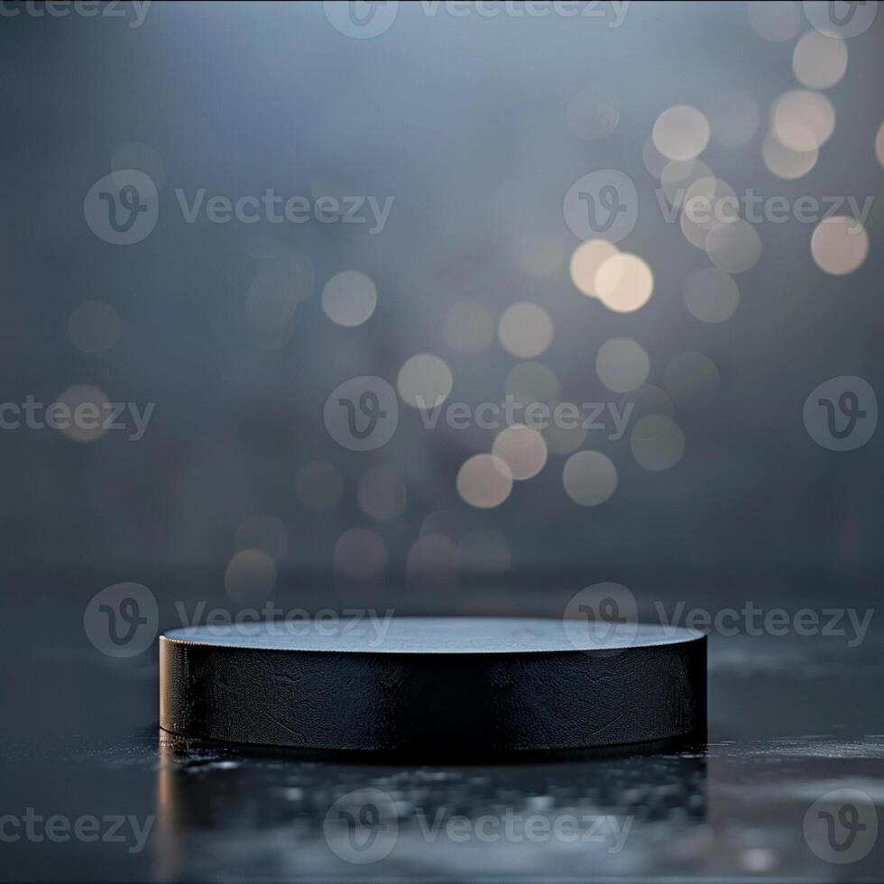 An empty hockey puck on a table in front of a blurry background photo