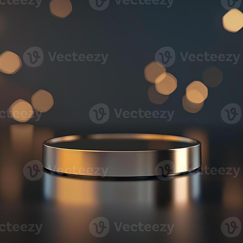 An empty ring on a table with lights in the background photo
