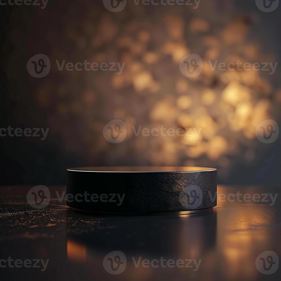 A black box sitting on a table in front of a light photo