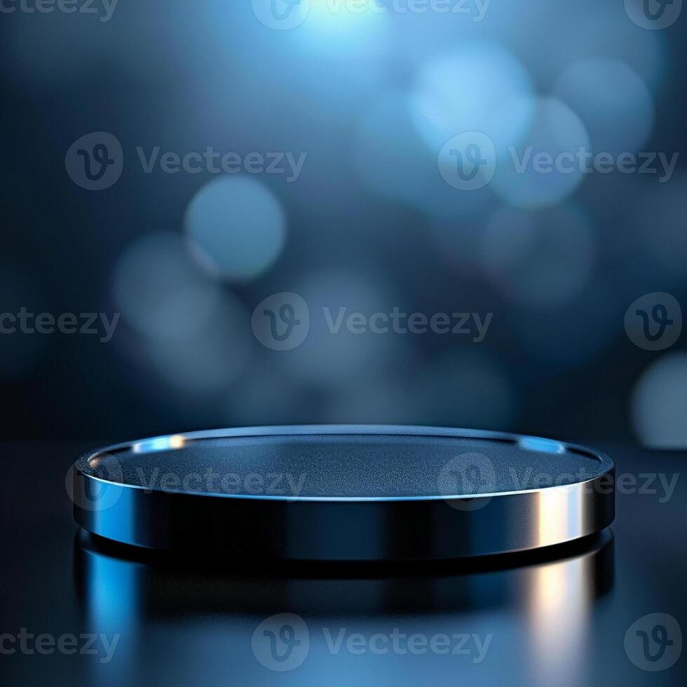 A black circular plate on a table with a blue background photo
