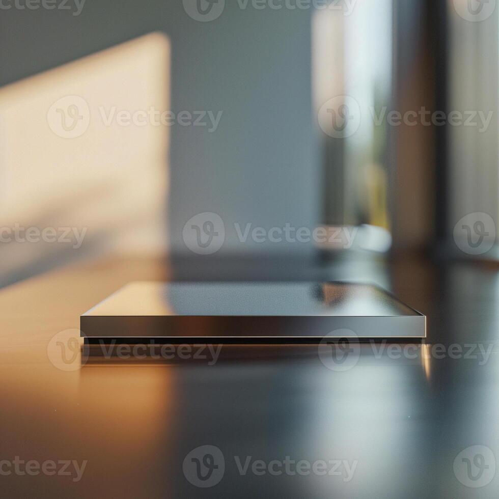 A laptop sitting on a table in front of a window photo