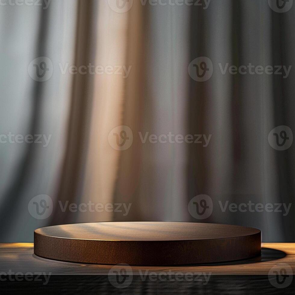 An empty wooden table with a curtain in the background photo