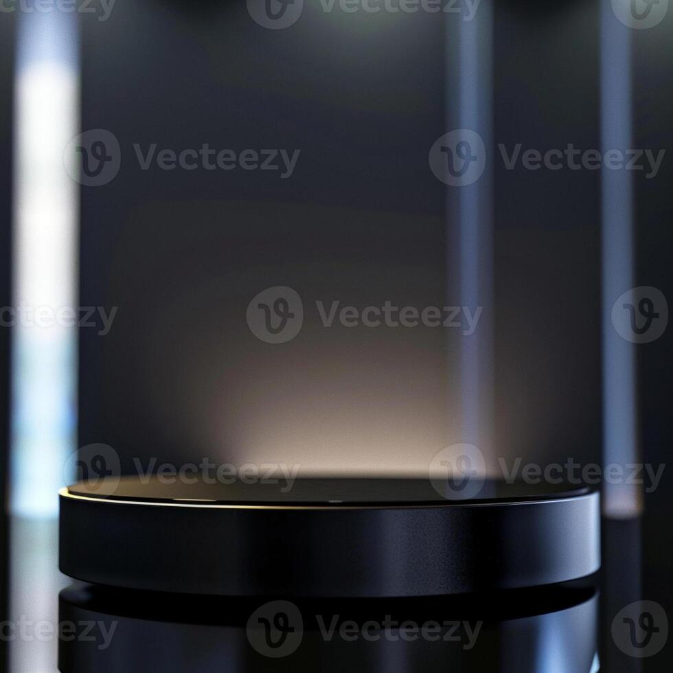 A black round table with a light shining on it photo