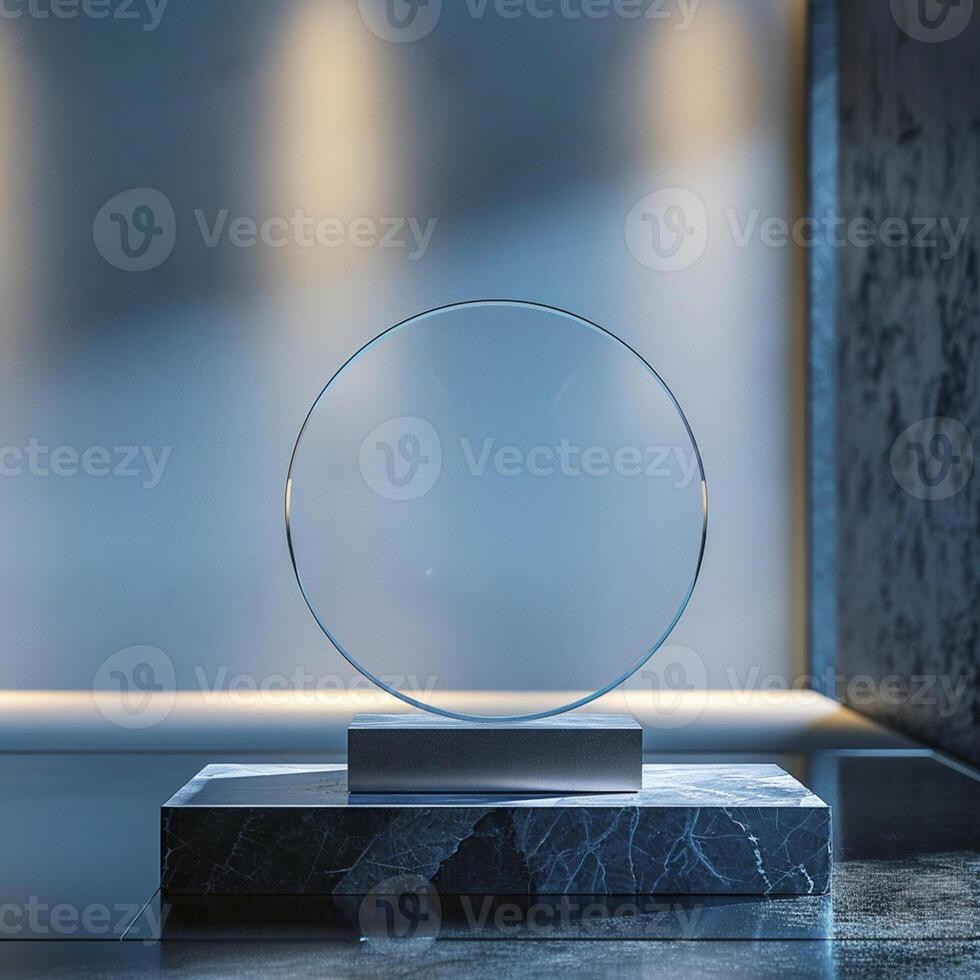 A glass award on a marble pedestal in front of a wall photo