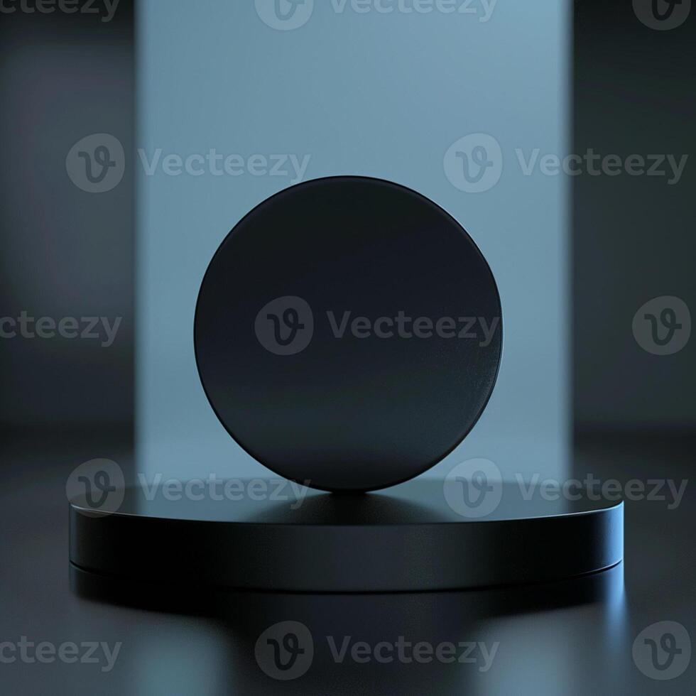 A black sphere on a pedestal in front of a wall photo