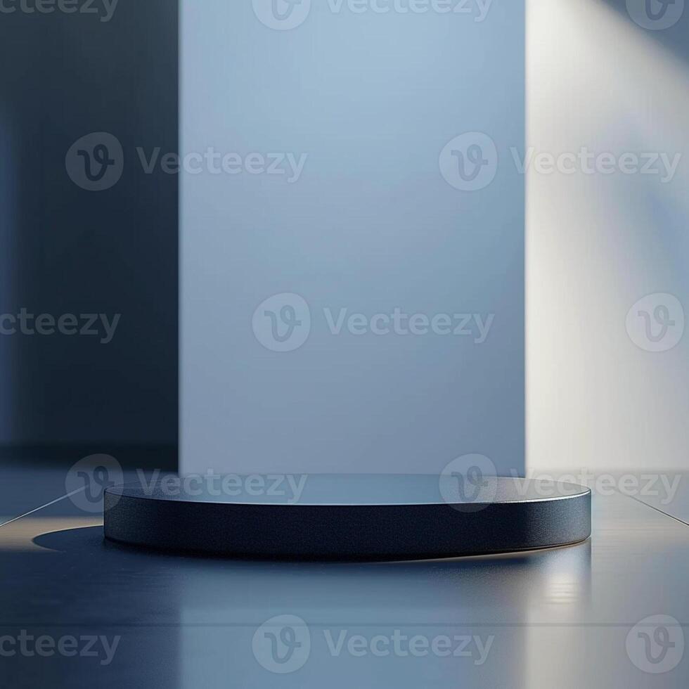An empty podium in front of a wall photo