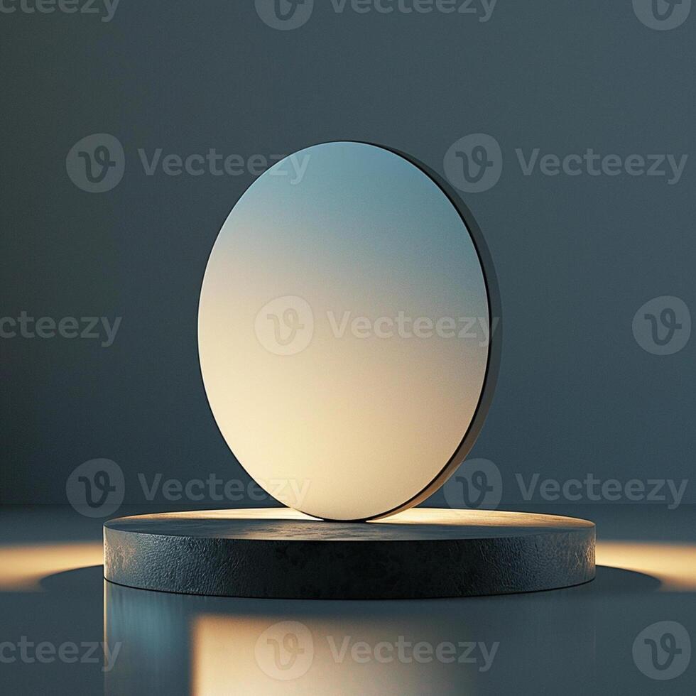 A mirror on a stand in front of a light photo