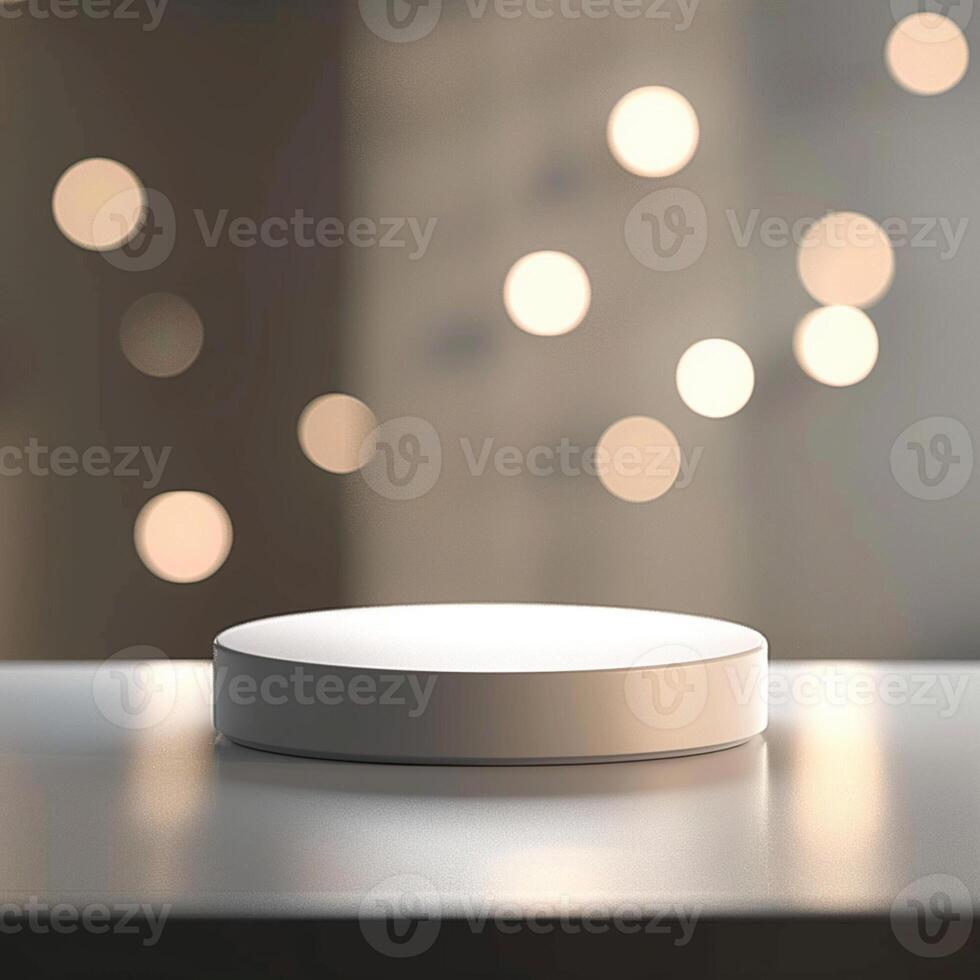 A white circular object on a table in front of a blurry background photo
