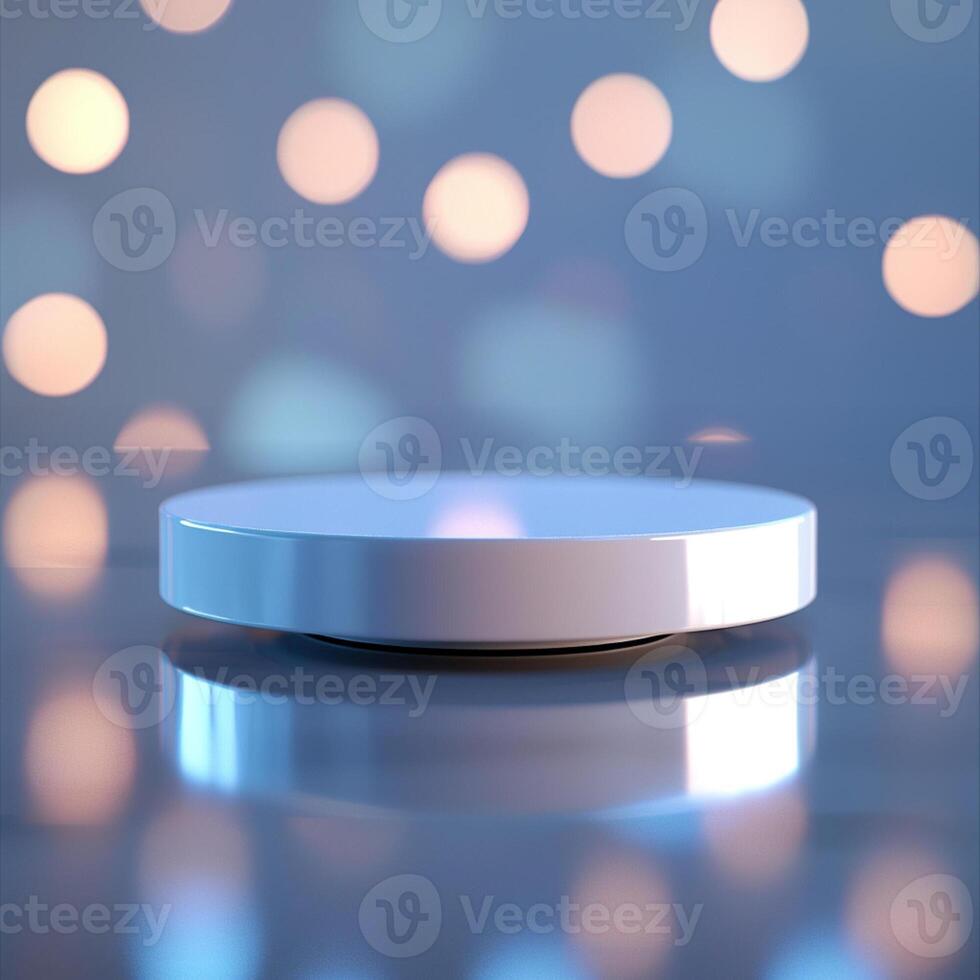A white circular object on a table with lights photo