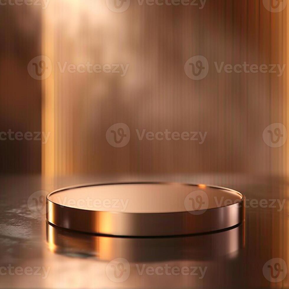 A round metal plate on a table with a light background photo