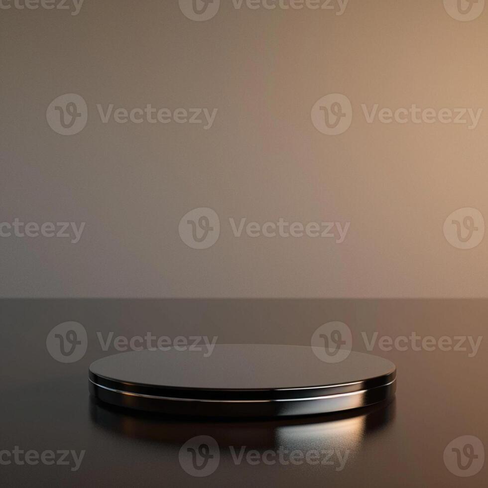 A black round table with a silver object on top photo