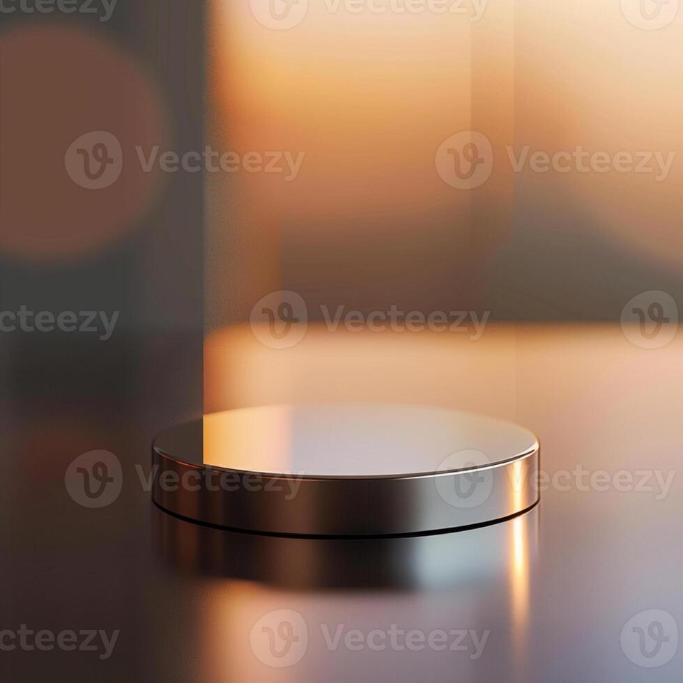 A silver object sitting on a table in front of a blurry background photo