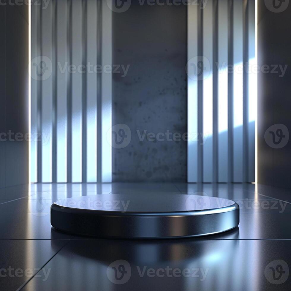 An empty room with a black pedestal in the middle photo