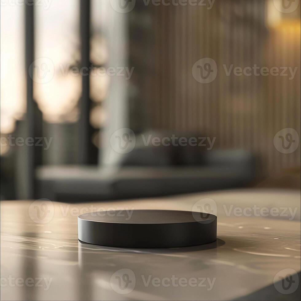 A black circular object sitting on top of a table photo