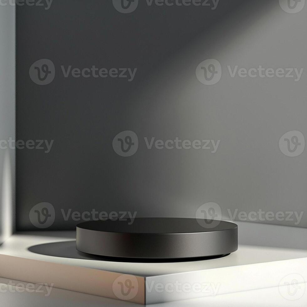 A black round object on a shelf in front of a wall photo