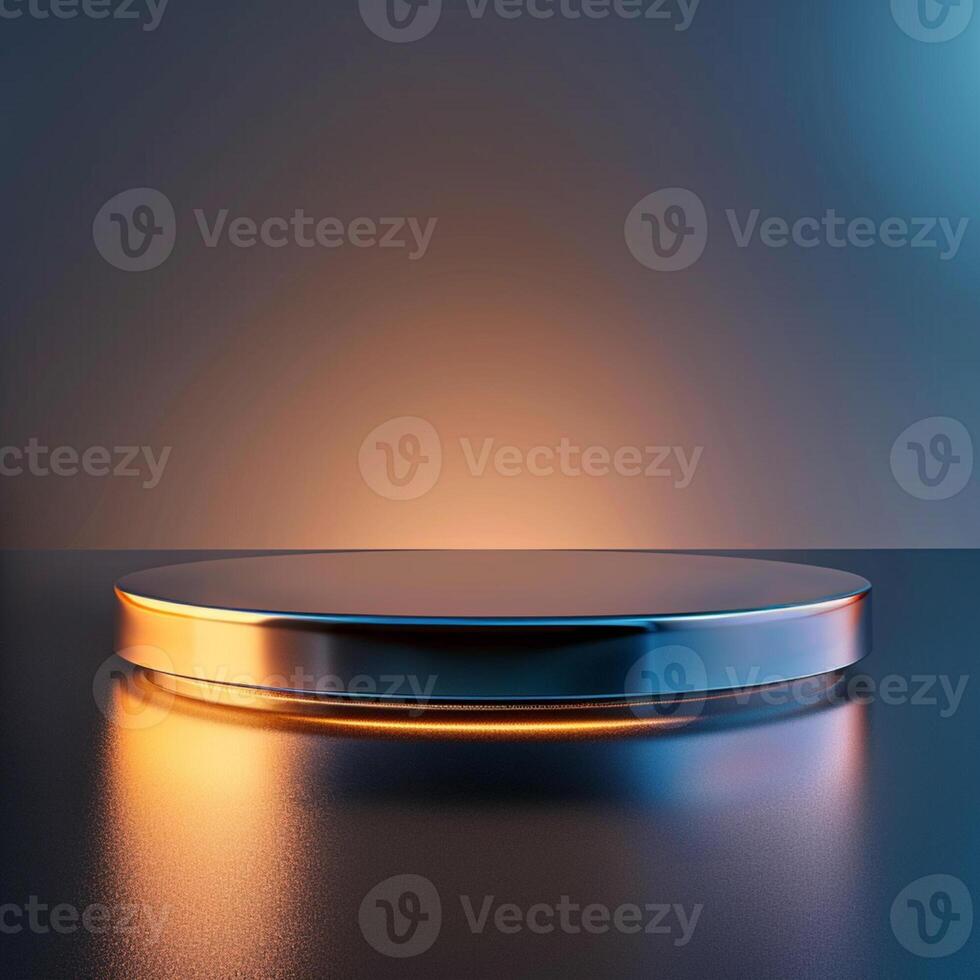 A round metal podium on a table with a light photo