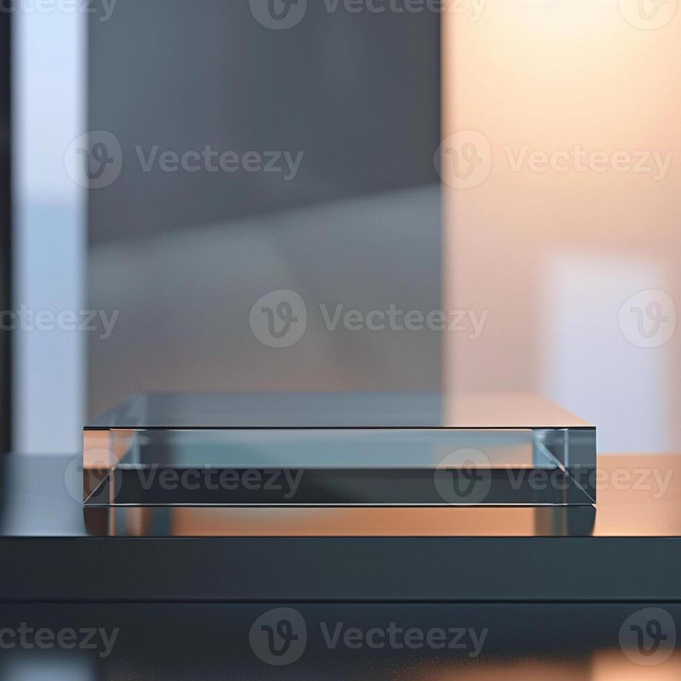 A glass table with a small object on it photo