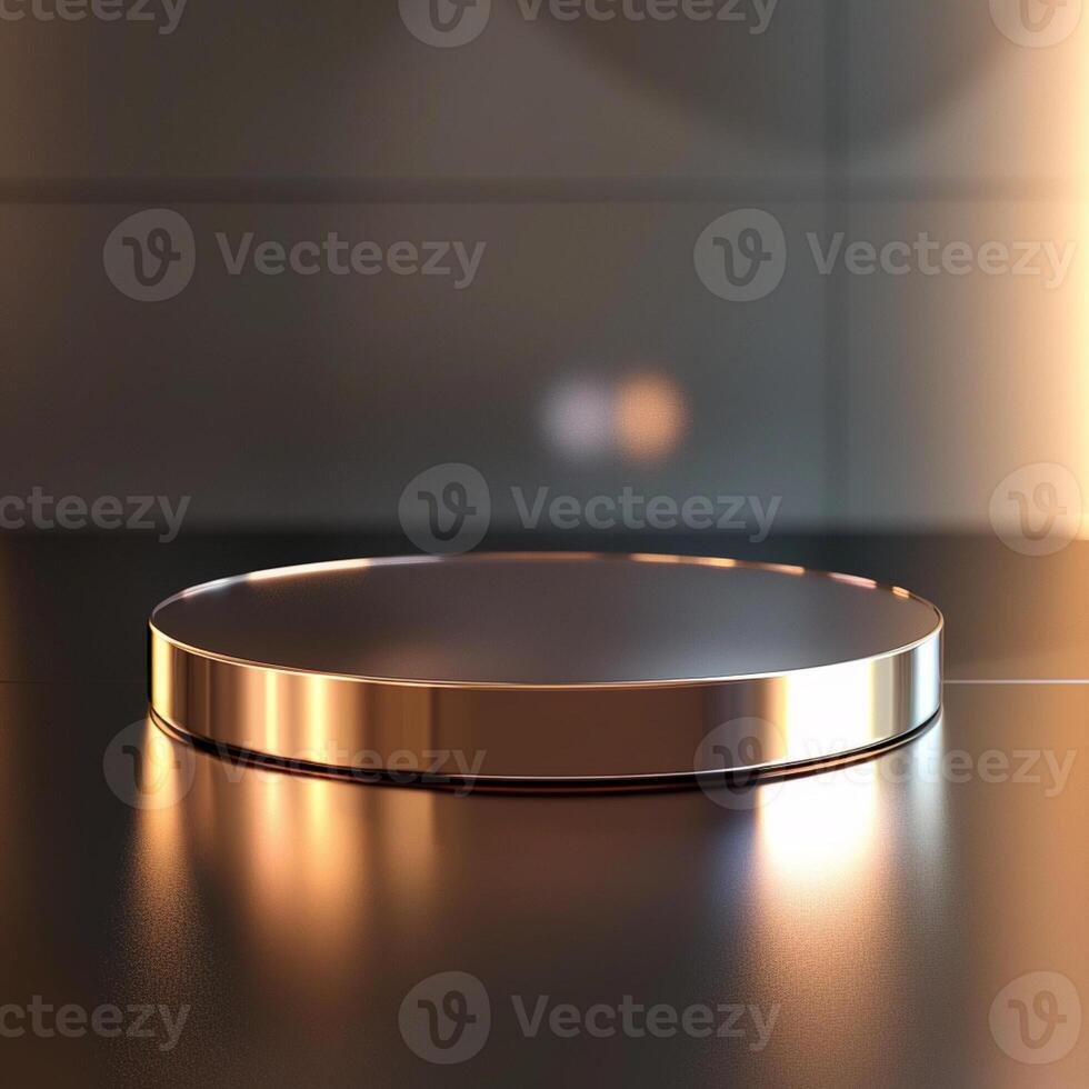 A round metal plate on a table in front of a wall photo