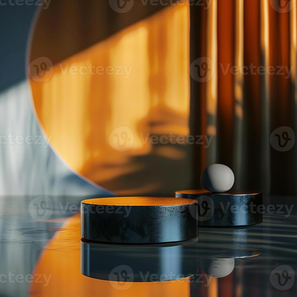 Two black boxes sitting on a table with a light shining on them photo
