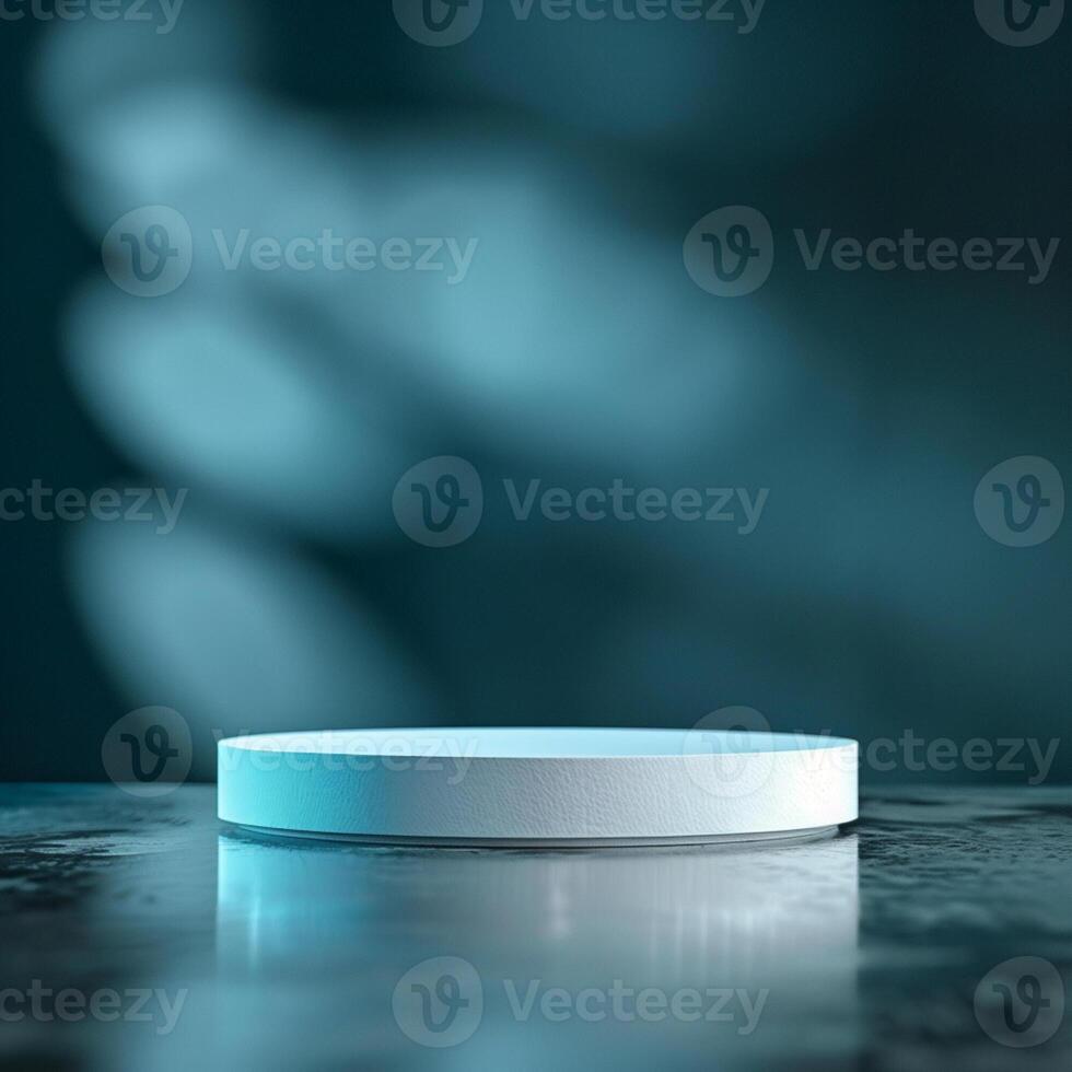 A white round table with a blue light behind it photo