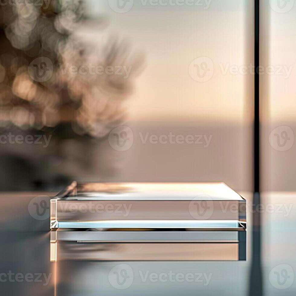 A glass block sitting on a table in front of a window photo