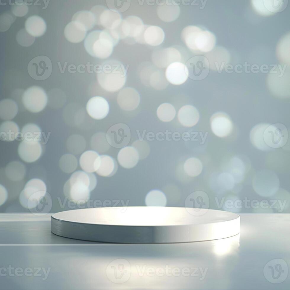 An empty podium on a table with a blurred background photo