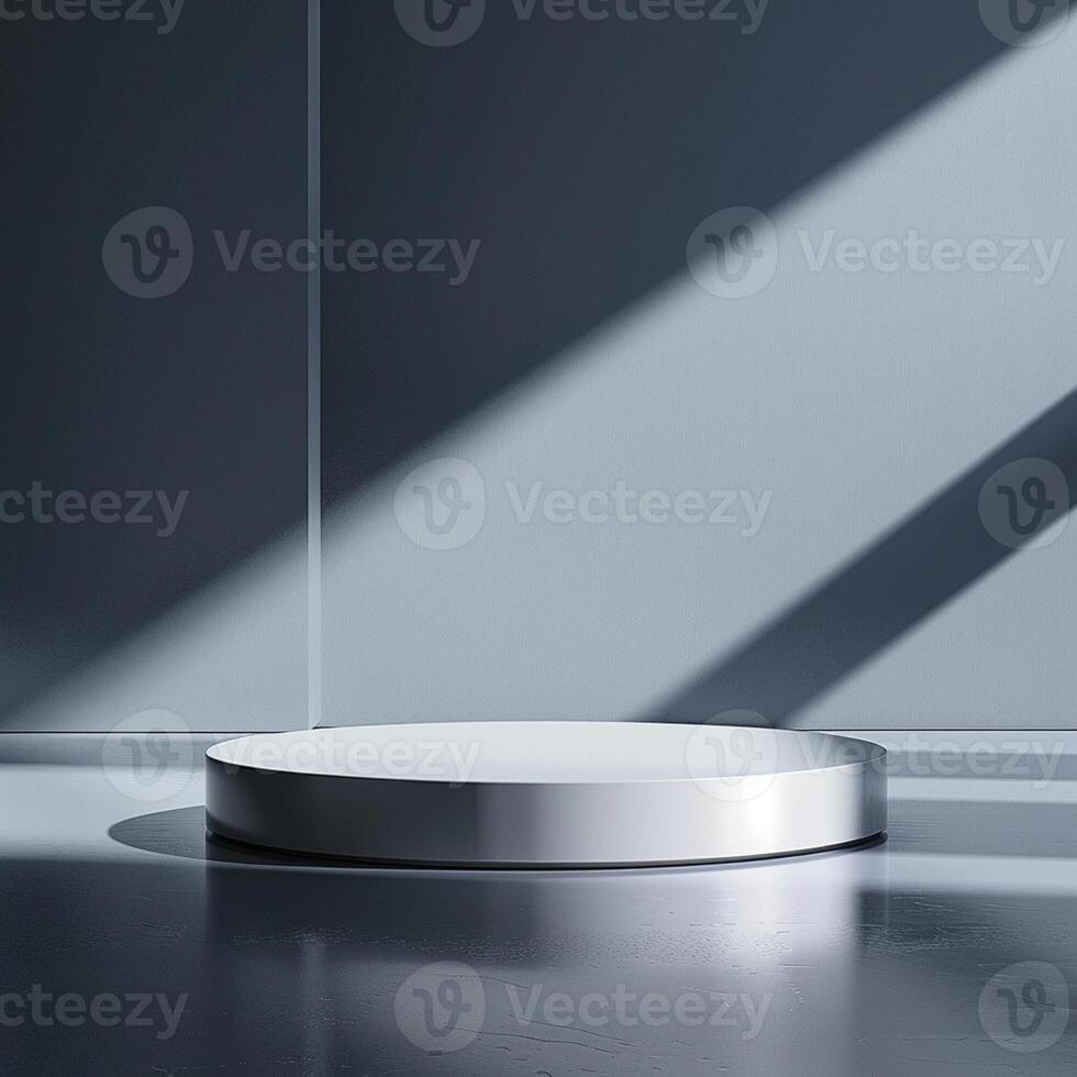 A white round table in front of a wall photo
