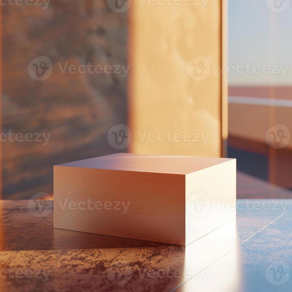 A white box sitting on a table in front of a window photo