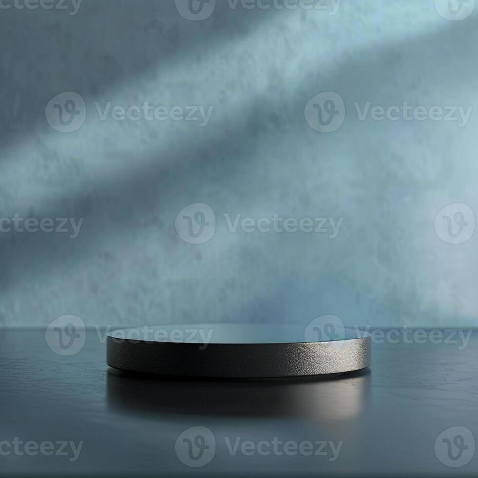 An empty black table on a table with a blue wall photo