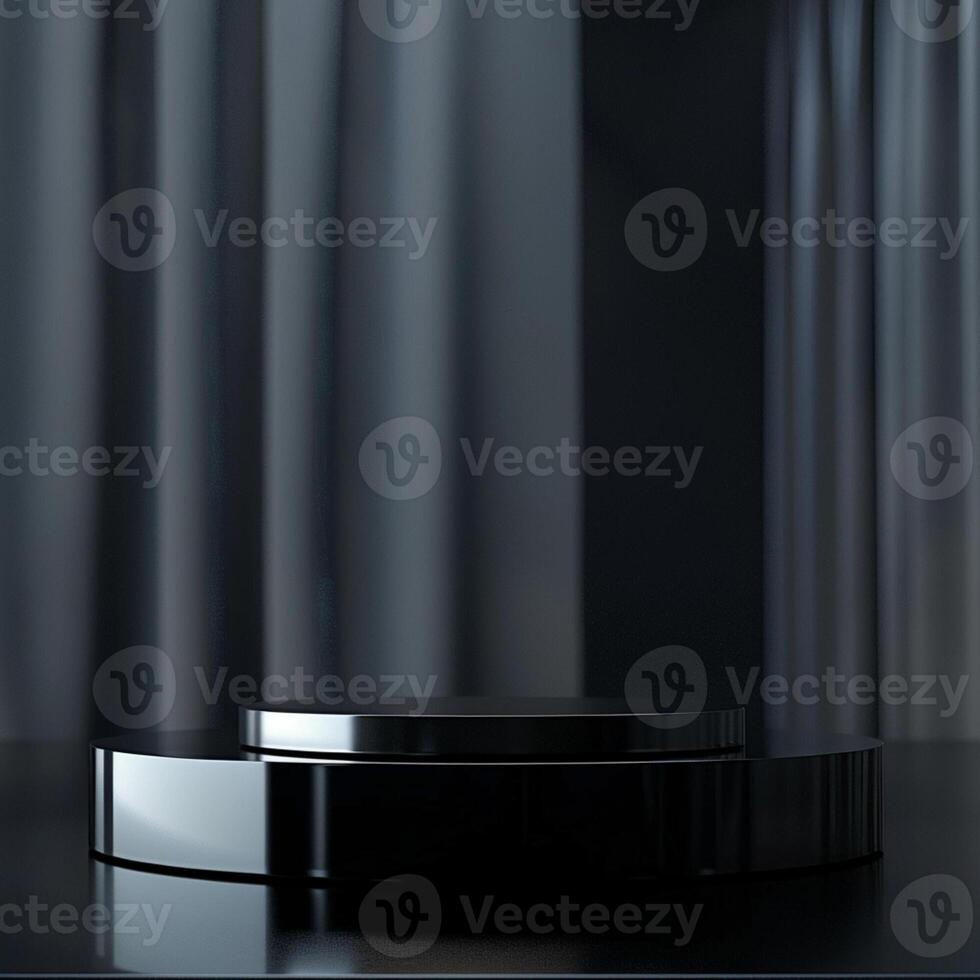 Black podium with a black table in front of a curtain photo