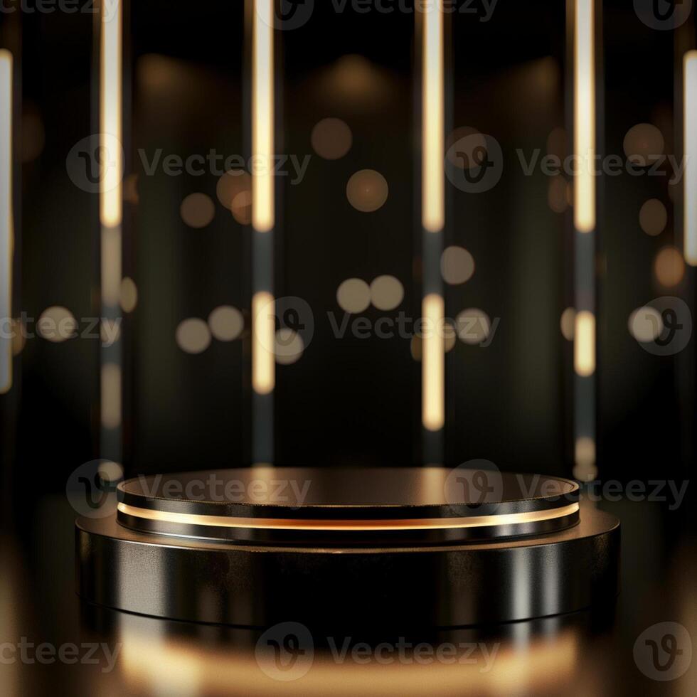A podium with lights on it in a dark room photo