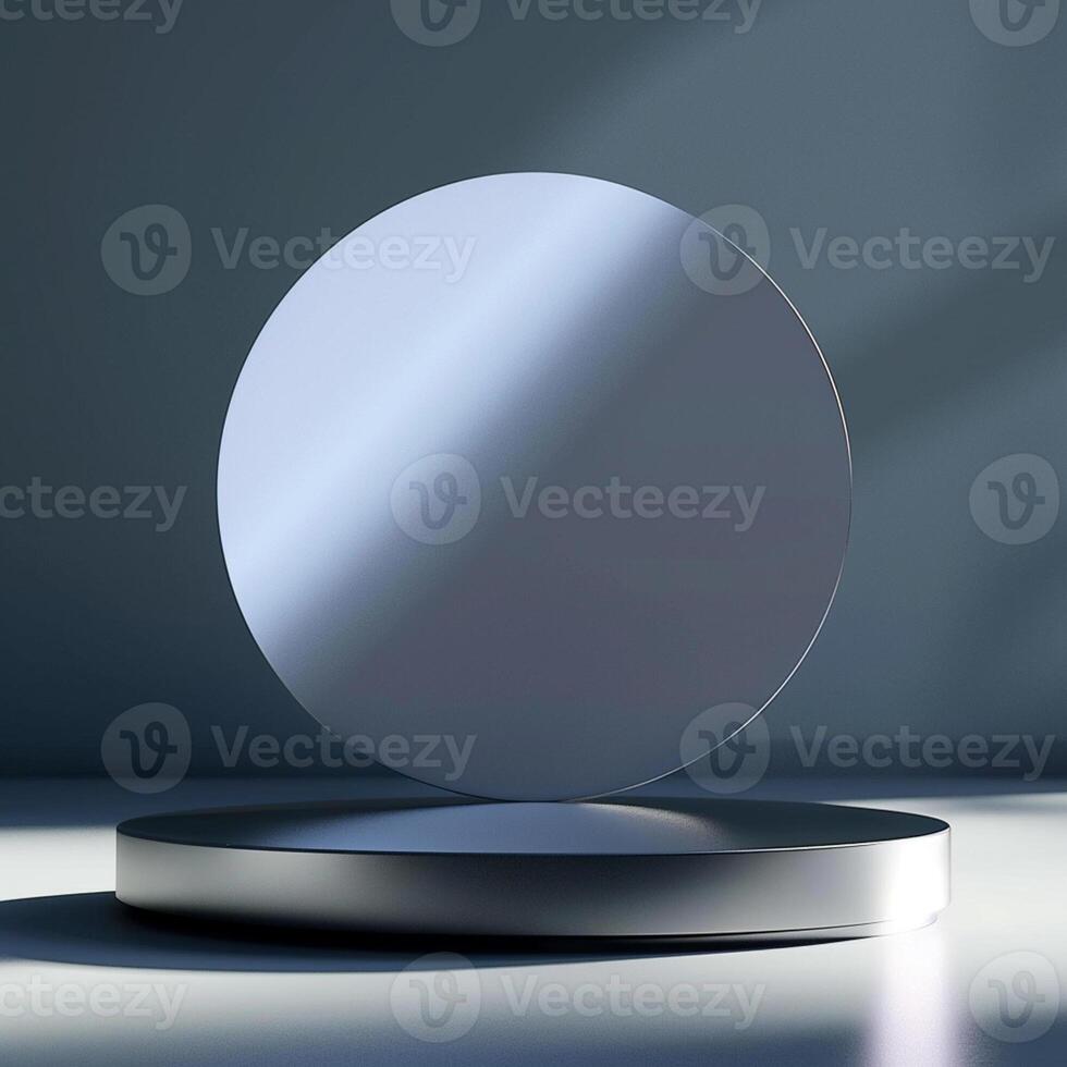 A silver sphere on a stand in front of a wall photo