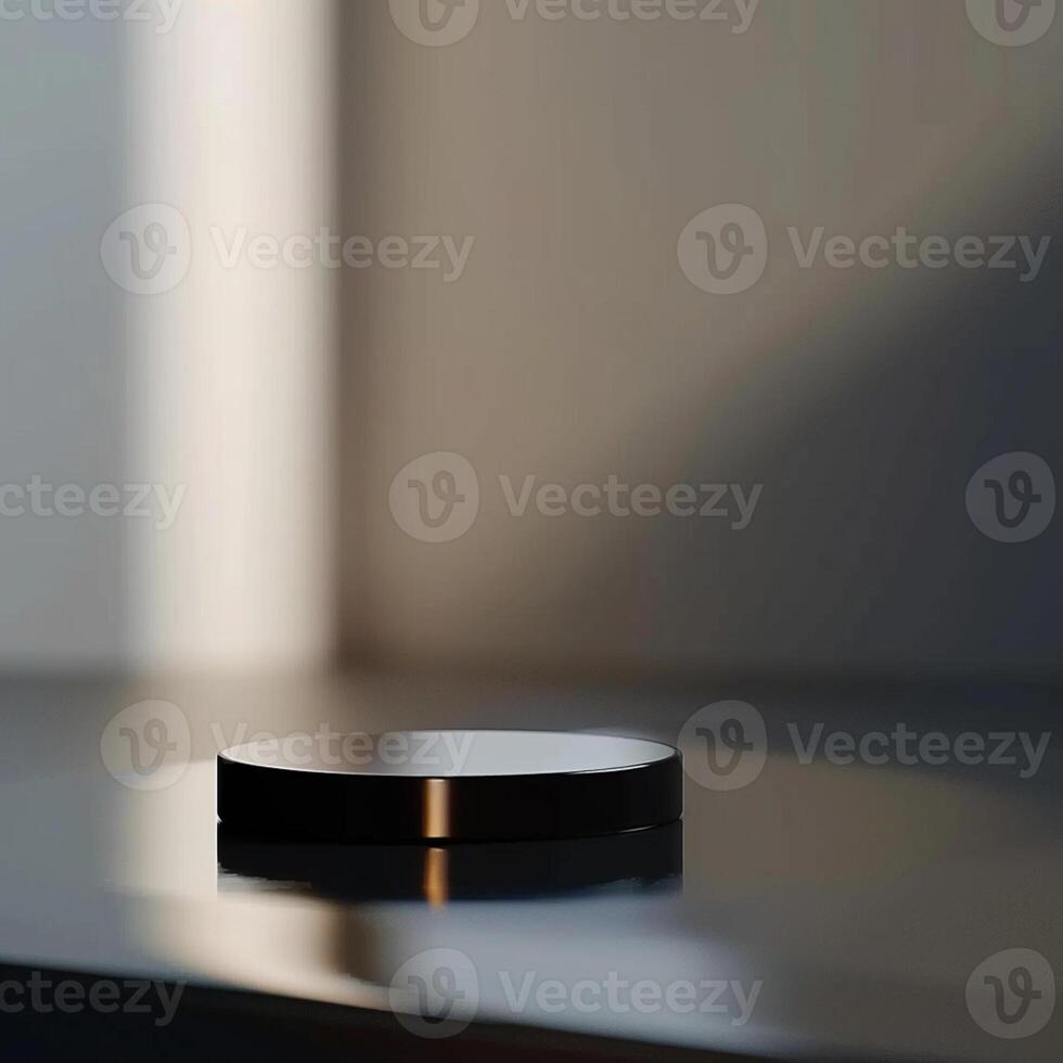 A black object sitting on a table in front of a window photo