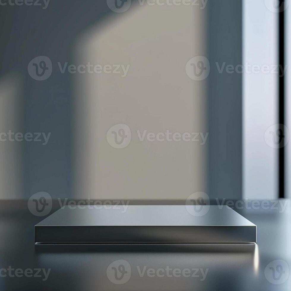 An empty metal box sitting on a table in front of a window photo