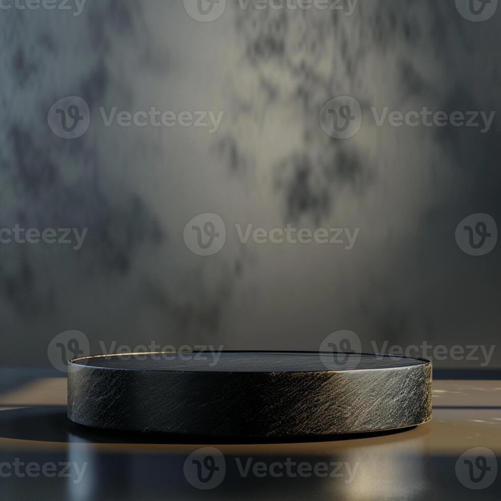 A black round table on a table with a wall behind it photo