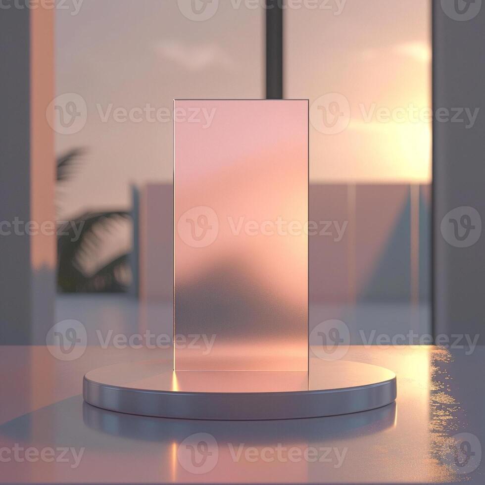 A glass cube on a table in front of a window photo