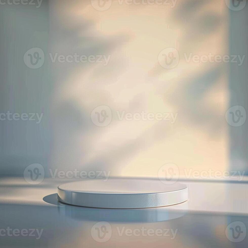Empty white round pedestal on a table in front of a window photo