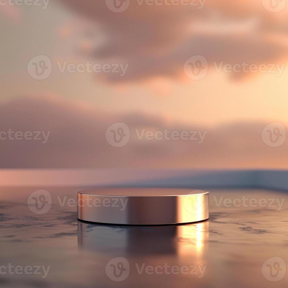 An empty metal object on a table in front of a sunset photo