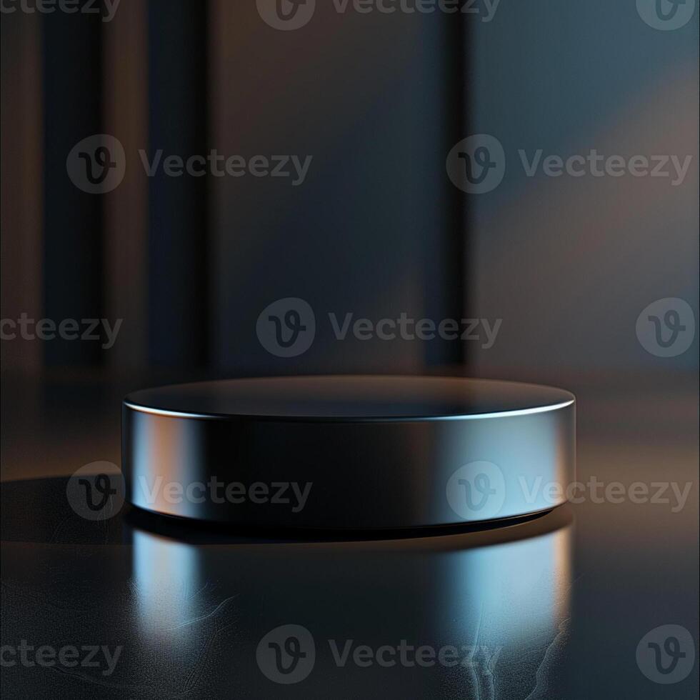 A black round object on a table in front of a dark background photo