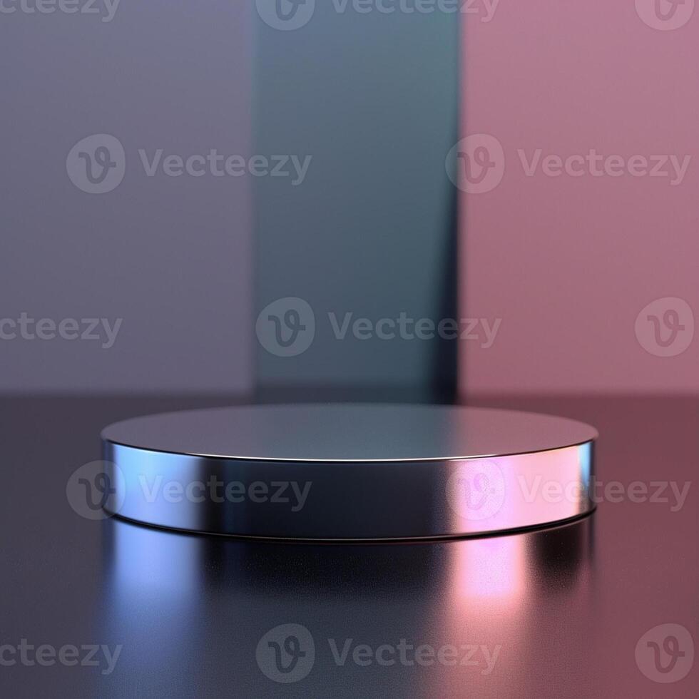 A round metal object on a table in front of a colorful background photo