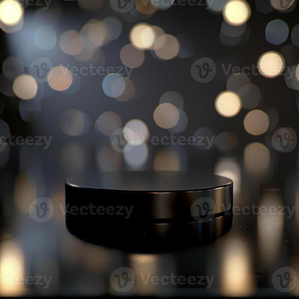 Black round object on a table with lights in the background photo