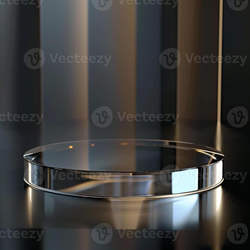 A glass table with a silver surface on a dark background photo