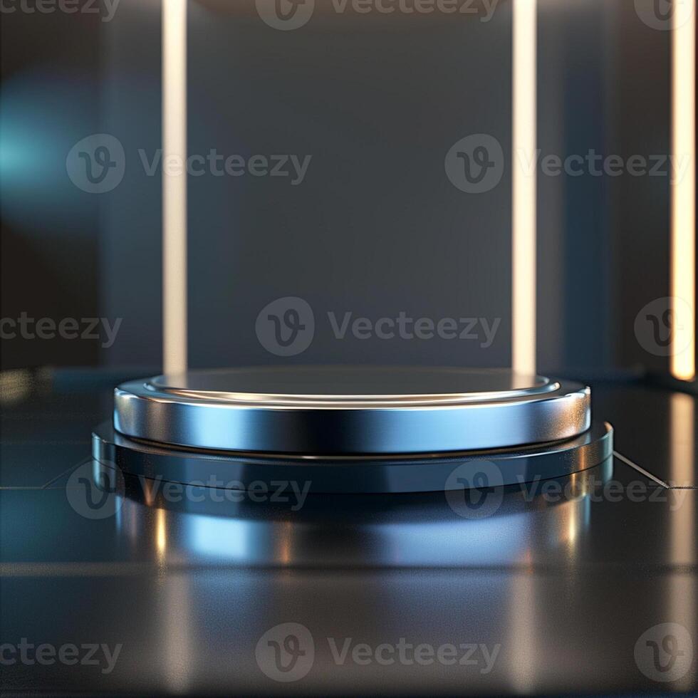 A black and silver table with a circular object on it photo