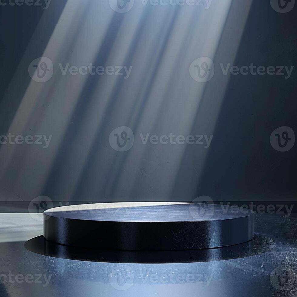 An empty podium in front of a spotlight photo