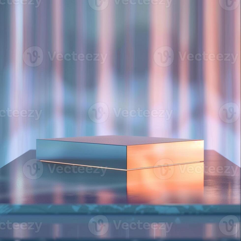 A shiny object on a table in front of a curtain photo