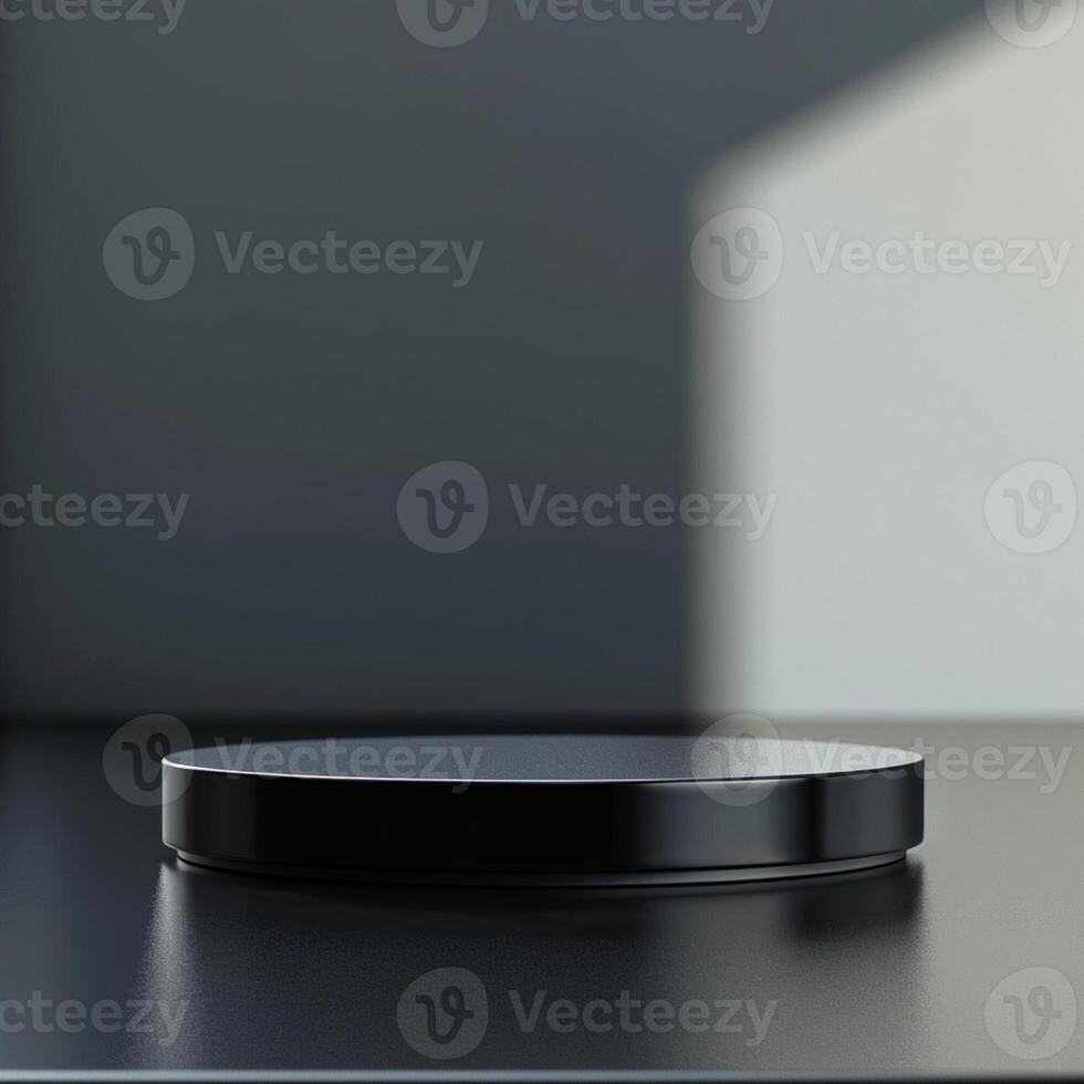 A black circular object on a table in front of a window photo